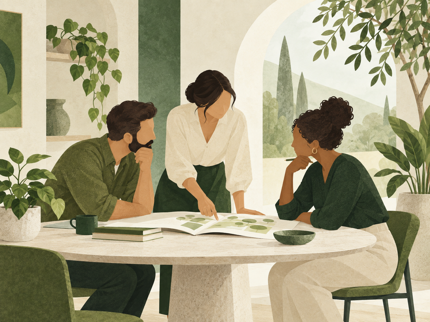 Conceptual illustration of a team bringing expertise together around a shared project