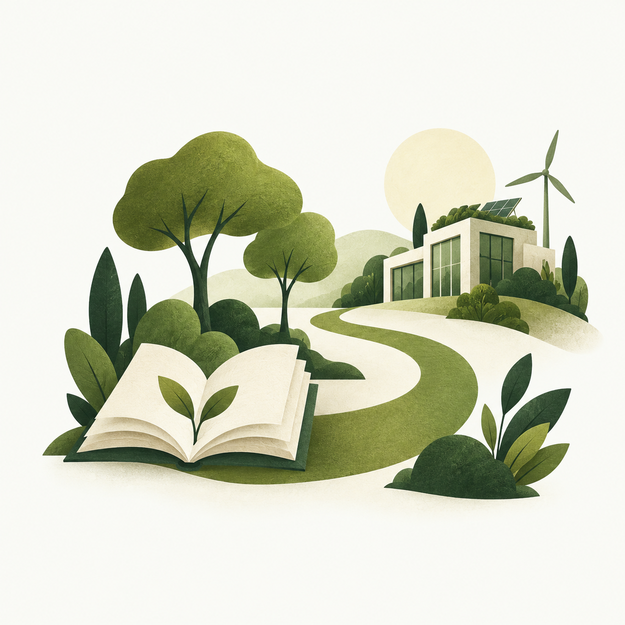 Conceptual illustration connecting learning, green buildings and nature through a shared pathway