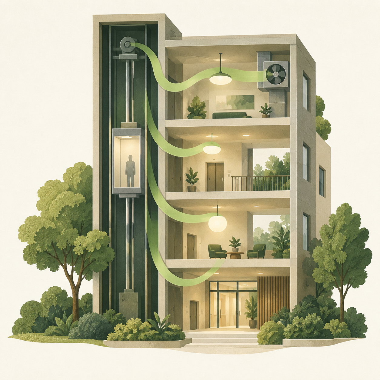 Concept illustration of elevator energy recovery