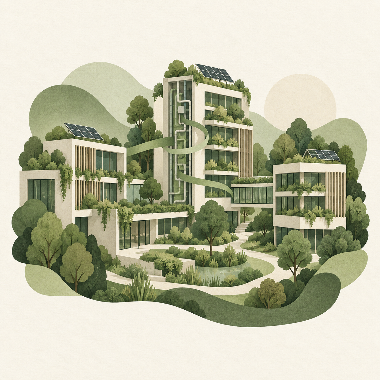 Concept illustration of sustainable buildings and resource systems